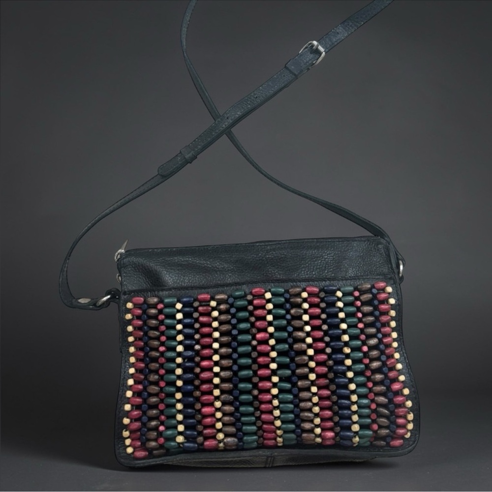 Patricia Nash Black Leather Crossbody Bag with Multicolor Bead Panel, GUC